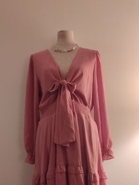 Women's Pink Midi Tie-Front Dress